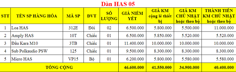 Bảng giá dàn karaoke HAS 05
